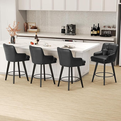 360°Swivel Counter Height Bar Stools with Back, 26 inch Solid Wood Legs, Bar Stool Modern Kitchen Island Chairs, Faux Leather (Black- Faux Leather, 26" H- Set of 3)