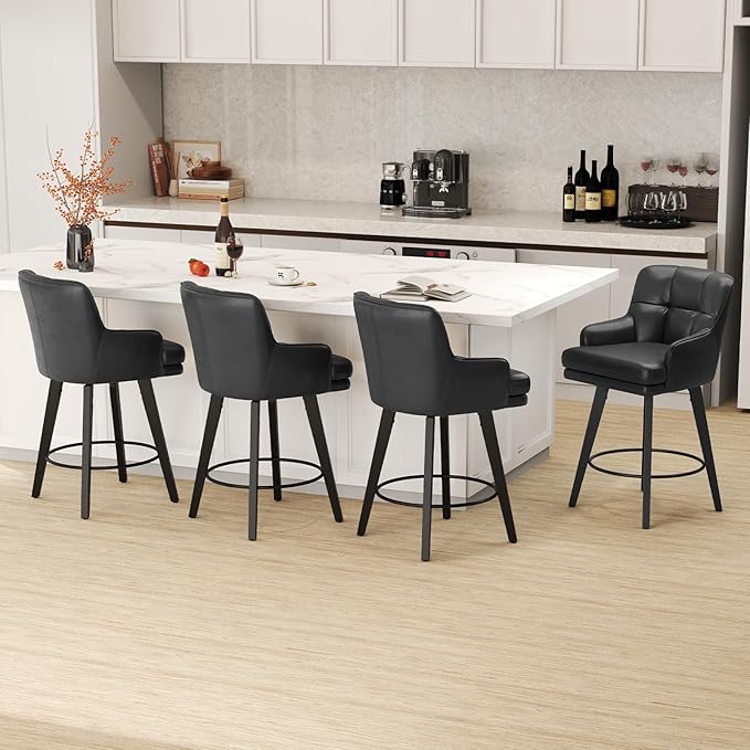 360°Swivel Counter Height Bar Stools with Back, 26 inch Solid Wood Legs, Bar Stool Modern Kitchen Island Chairs, Faux Leather (Black- Faux Leather, 26" H- Set of 6)