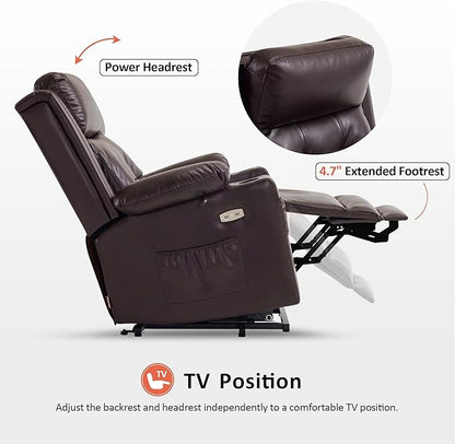 MCombo Large Triple Motor Power Lift Recliner Chair with Massage and Heat for Elderly People, Adjustable Headrest, Infinite Position, USB Ports, Faux Leather 7662 (Dark Brown, Large)