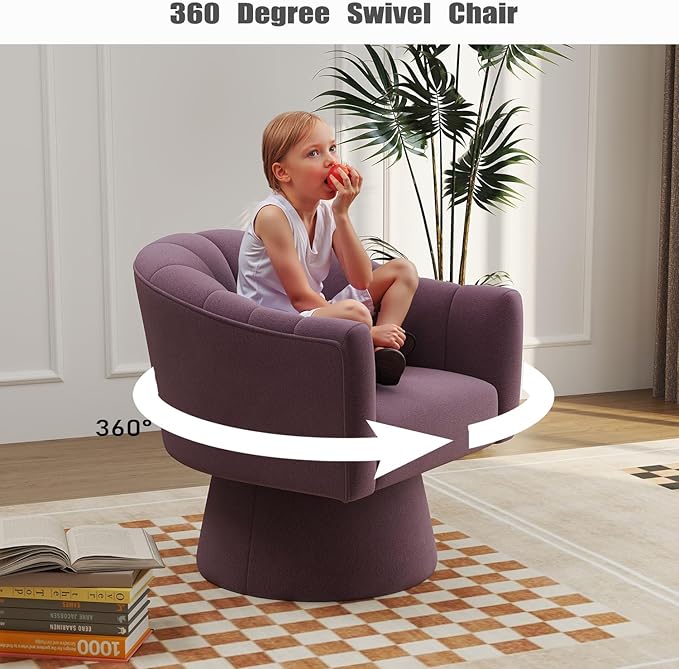 Swivel Accent Chair,Upholstered Velvet 360° Swivel Barrel Chair for Living Room Overstuffed Bouncle Reading Chair Round Armchair for Bedroom,Vanity,Office(Purple)