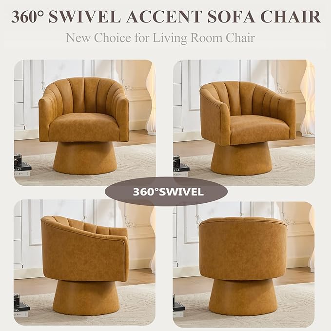 Swivel Accent Chair, Faux Leather 360° Swivel Barrel Chair Upholstered Modern Living Room Chair, Overstuffed Reading Armchair for Bedroom,Vanity,Office-Mustard