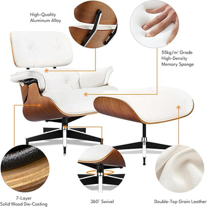 Top Grain Leather, Mid Century Chaise Lounge Chair and Ottoman, Reading Chair, Accent Lounge Chair, Modern Chair, Classic Design, Heavy Duty Base Support for Living Room Lounge Office, Walnut-White
