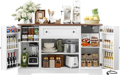55.1" Buffet Cabinet with Storage, Charging Station, Modern Kitchen Buffet Sideboard with Drawer, White Wood Coffee Bar with Adjustable Shelves & Spice Rack, Kitchen Storage Cabinet for Living Room