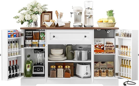 55.1" Buffet Cabinet with Storage, Charging Station, Modern Kitchen Buffet Sideboard with Drawer, White Wood Coffee Bar with Adjustable Shelves & Spice Rack, Kitchen Storage Cabinet for Living Room