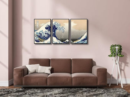 Wieco Art Black Framed Great Wave of Kanagawa Katsushika Hokusai 3 Piece Modern Canvas Prints Artwork Abstract Pictures Paintings on Canvas Wall Art for Home Office Decorations Wall Decor