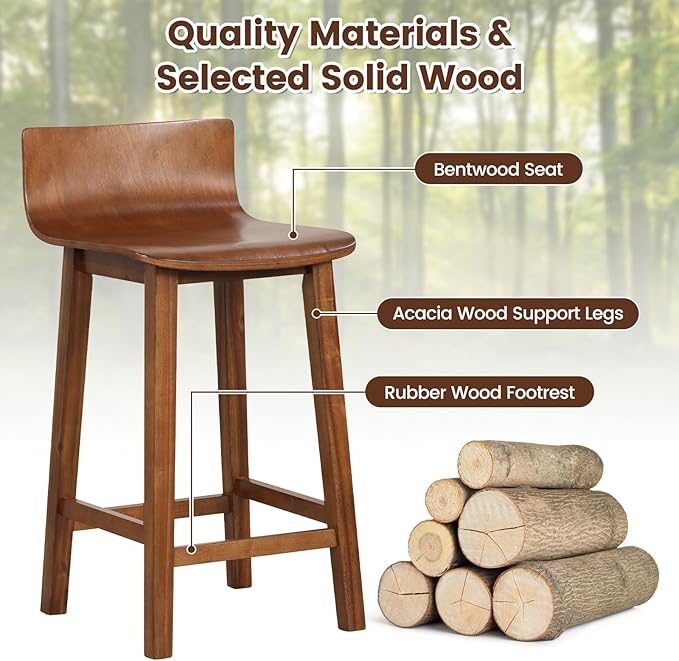 COSTWAY Solid Wood Bar Stools Set of 4, 24.5-inch Counter Height Chairs with Low Back and Footrest, Farmhouse Wooden Armless barstools for Kitchen Island, Dining Room, Cafe, Breakfast, Brown