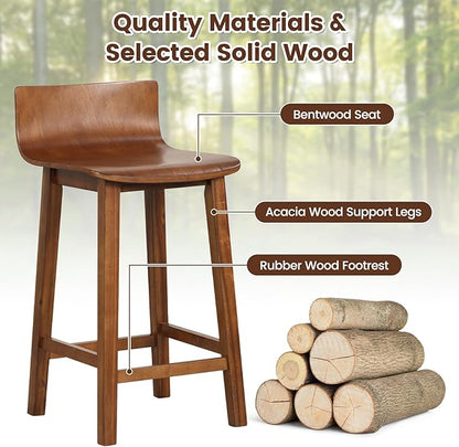 COSTWAY Solid Wood Bar Stools Set of 4, 24.5-inch Counter Height Chairs with Low Back and Footrest, Farmhouse Wooden Armless barstools for Kitchen Island, Dining Room, Cafe, Breakfast, Brown