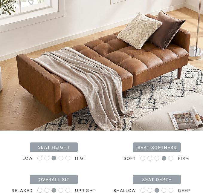 mopio 76.4" Futon Sofa Bed, Couch, Loveseat, Sleeper Sofa, Mid Century Modern Futon Couch, Sofa Cama, Couches for Living Room (Aaron PU, Pecan Brown)