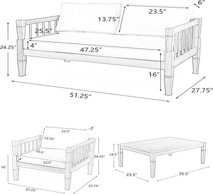 Scott Living Darla 4 Piece Outdoor Rustic Acacia Wood Seating Set, 4 Seater Conversation Set, Acacia Wood Loveseat and Club Chairs, Sofa Set with Cushion, Retangular Coffee Table, Light Gray+Beige