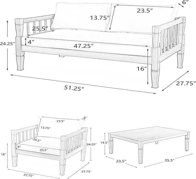 Scott Living Darla 4 Seater Conversation Set, Acacia Wood Loveseat and Club Chairs, Sofa Set with Cushion, Retangular Slats Coffee Table, 4 Piece Outdoor Rustic Acacia Wood Seating Set, Teak+Beige