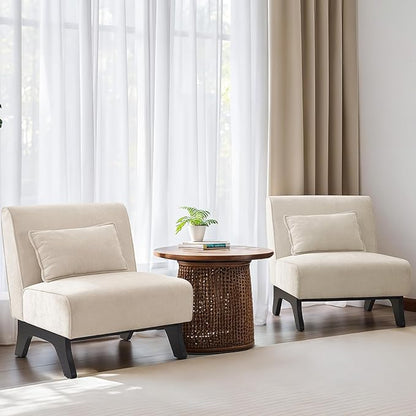 Set of 2 Upholstered Armless Accent Chair,Modern Comfy Living Room Chairs with Wooden Legs& Pillows,Lounge Sofa Side Chair for Bedroom Farmhouse Reading (Beige, 2 PCS)