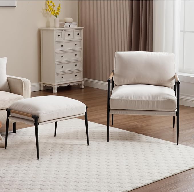 DUOMAY Mid Century Modern Accent Chair with Ottoman Set, Chenille Beige Upholstered Living Room Chair with Metal Legs Lazy Lounge Chair Set with Footrest for Bedroom Living Room