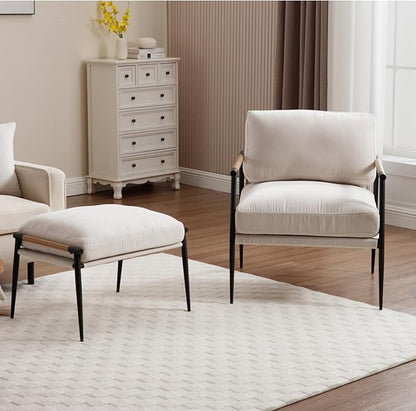 DUOMAY Cute Chenille Single Footrest, Upholstered Footstool with Black Metal Legs Mid Century Modern Vanity Room Ottoman Shoe Stool for Living Room Bedroom Dressing Room, Beige