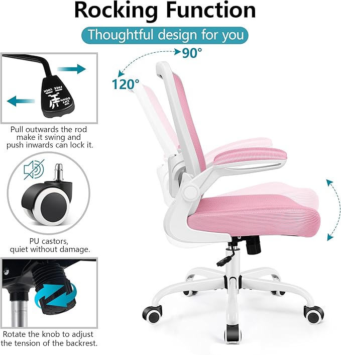 FelixKing Office Chair, Ergonomic Desk Chair Breathable Mesh Chairs Adjustable High Back Lumbar Support Flip-up Armrests, Executive Rolling Swivel Comfy Computer Chairs Home Office Pink