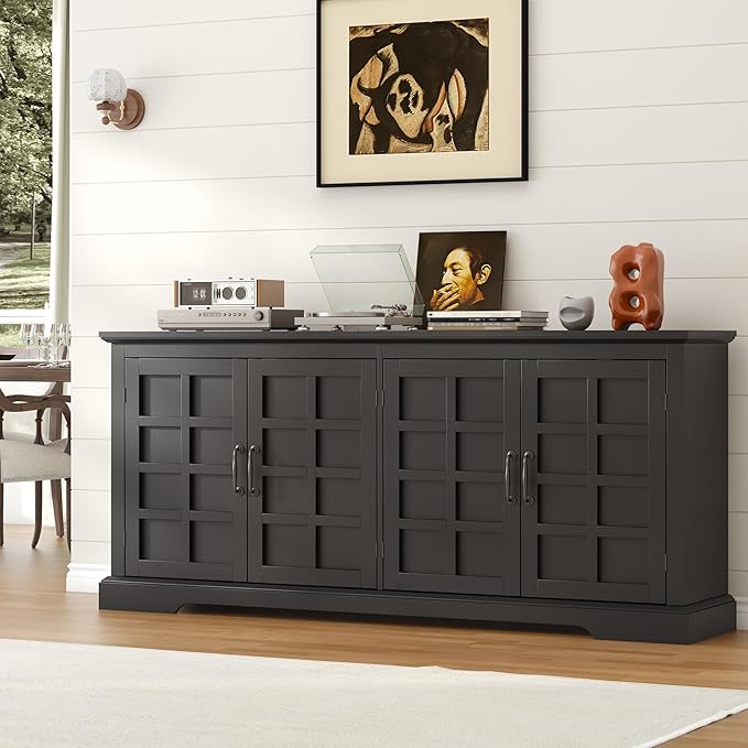 70" Sideboard Buffet Cabinet with Storage, Coffee Bar Cabinet with and 4 Doors, Long Wider Storage Cabinet Modern Farmhouse, Black Wood, for Kitchen, Dining Room, Living Room