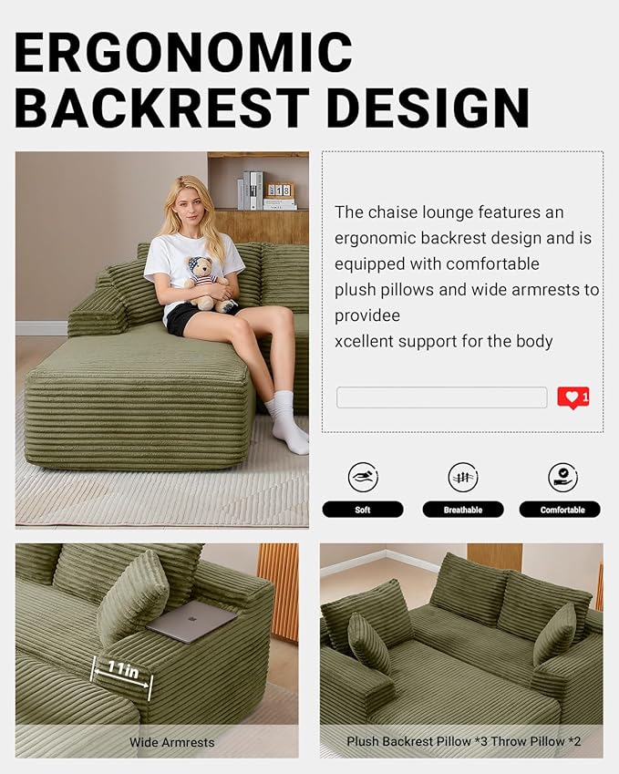 108 Inch Cloud Sectional Couch,Modern Modular Sectional Sofa with Deep Seat,Corduroy Boneless Couches with L-Shape Chaise for Living Room,No Assembly Required (Green, Left Facing Chaise)