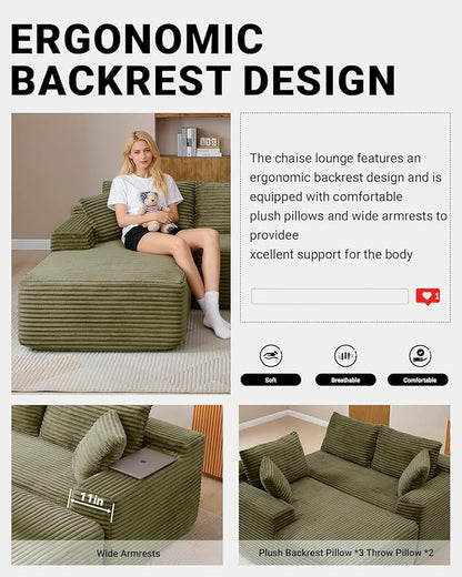 95 Inch Cloud Sectional Couch,Modular Sectional Sofa with Deep Seat,Modern Corduroy Boneless Couches with L-Shape Chaise for Living Room Bedroom,No Assembly Required (Green, Left Facing Chaise)