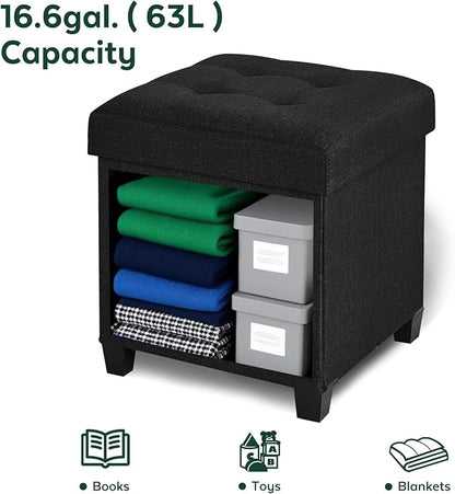 17.7" Ottoman with Storage, Square Storage Ottoman for Dorm, Linen Ottomans with Legs for Living Room, Bedroom, Black