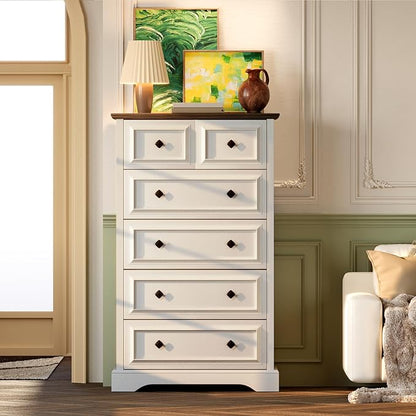 Farmhouse 6 Drawer Dresser, 48" Tall White Dresser with Natural Texture & Metal Handles, Storage Drawer Chest for Bedroom, Living Room, Hallway, Vintage Design (Antique White)
