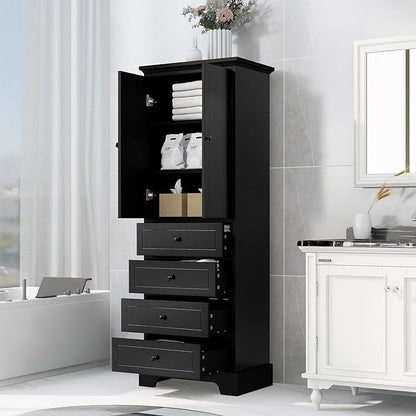 P PURLOVE Tall Bathroom Storage Cabinet with 2 Doors and 4 Drawers,Narrow Bathroom Cabinet Standing,Wood Freestanding Bathroom Cabinet for Kitchen,Living Room,Black