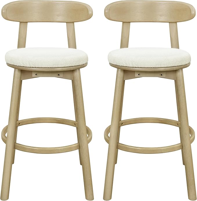 Christopher Knight Home Soley Modern Counter Height Bar Stools Set of 2, Boucle Fabric Round Stool Chair for Kitchen Island, Upholstered Counter Stool with Footrest and Backrest, Natural Ash+Beige