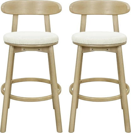Christopher Knight Home Soley Modern Counter Height Bar Stools Set of 2, Boucle Fabric Round Stool Chair for Kitchen Island, Upholstered Counter Stool with Footrest and Backrest, Natural Ash+Beige