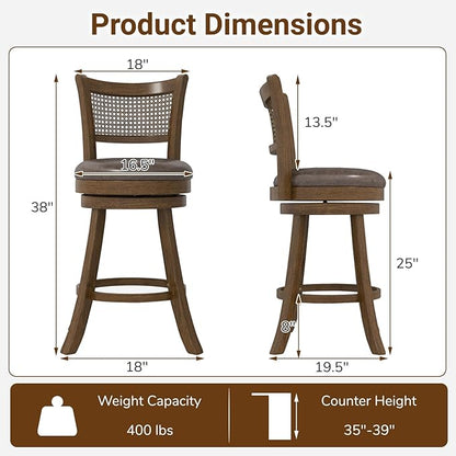 COSTWAY 25” Swivel Counter Height Barstools Set of 4, Rubber Wood Bar Stools with Rattan Backrest, Footrest, Upholstered Leathaire Armless Chairs for Kitchen Island, Pub, Brown (4, 25” Seat Height)