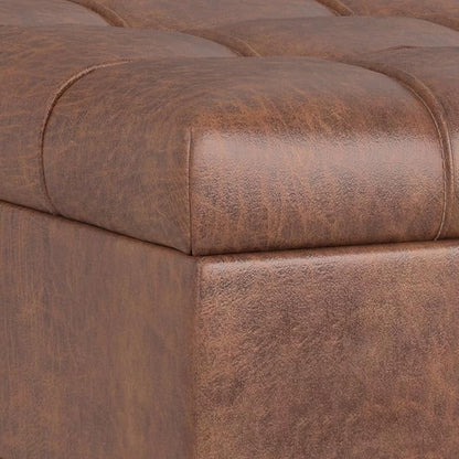 SIMPLIHOME Mariah 34 inch Wide Contemporary Rectangle Coffee Table Storage Ottoman in Distressed Saddle Brown Vegan Faux Leather, Assembled, For the Living Room, Entryway and Family Room