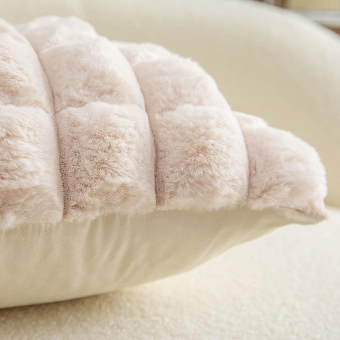 Neelvin Beige Faux Fur Cozy Soft Plaid Decorative Throw Pillow Covers 18x18 inch Set of 2,Velvet Pillowcase Cushion Case for Sofa Couch