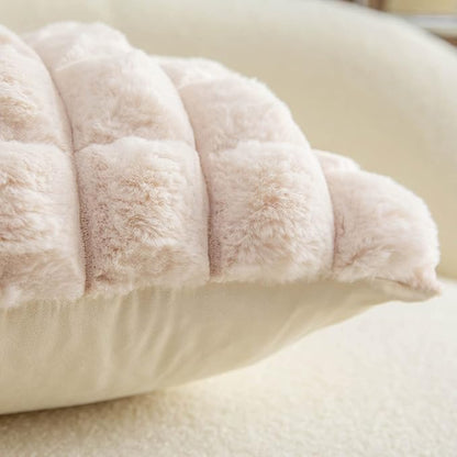 Neelvin Beige Faux Fur Cozy Soft Plaid Decorative Throw Pillow Covers 12x20 inch Set of 2,Velvet Pillowcase Cushion Case for Sofa Couch