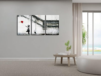 Wieco Art Banksy Grafitti Girl with Red Balloon Modern 3 Piece Famous Canvas Paintings Wall Art Inspirational Grey Love Pictures Print Artwork for Dining Room Kitchen Home Office Decor