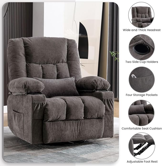 BOSMILLER Oversized Recliner Chair for Adults with Vibration Massage and Lumbar Heating Swivel Rocker Recliner with Cup Holder and USB Charge Port for Living Room