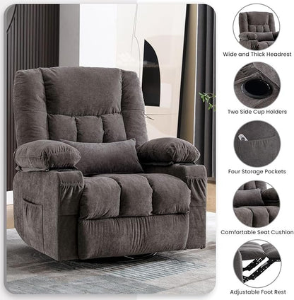 BOSMILLER Oversized Recliner Chair for Adults with Vibration Massage and Lumbar Heating Swivel Rocker Recliner with Cup Holder and USB Charge Port for Living Room