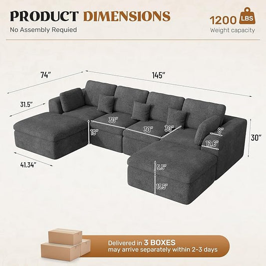 144" Cloud Sectional Couches for Living Room, Convertible U-Shape Couch with Ottoman, 6 Seater Modular Sectional Sofa,DarkGary Chenille