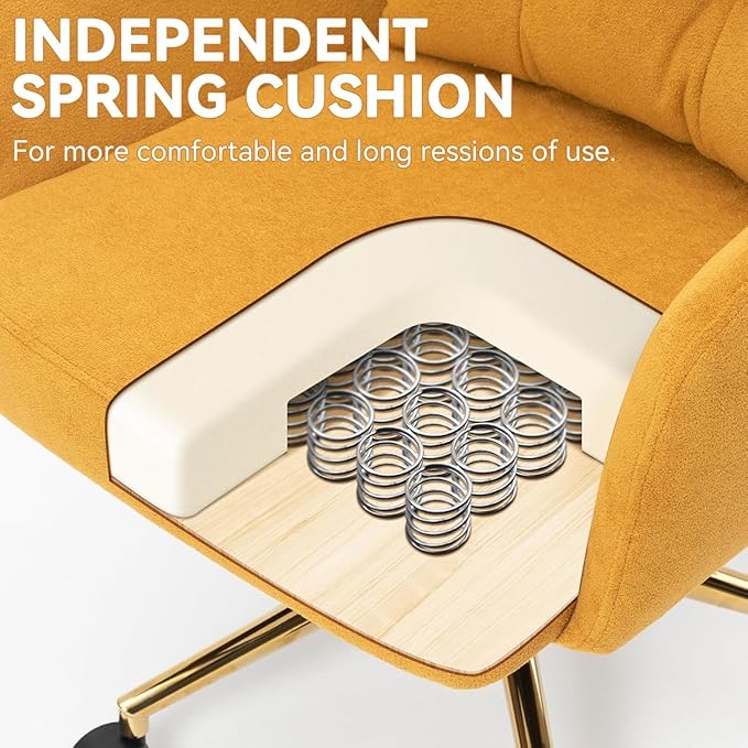 Velvet Office Chair, Comfy Home Office Desk Chairs with Lumbar Support, Modern Velvet Desk Chair Gold Legs Small Swivel Task Chair for Home Office, Bedroom, Study (Yellow, XL)