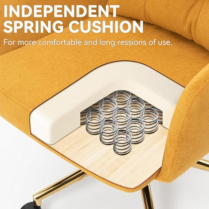 Velvet Office Chair, Comfy Home Office Desk Chairs with Lumbar Support, Modern Velvet Desk Chair Gold Legs Small Swivel Task Chair for Home Office, Bedroom, Study (Yellow, XL)