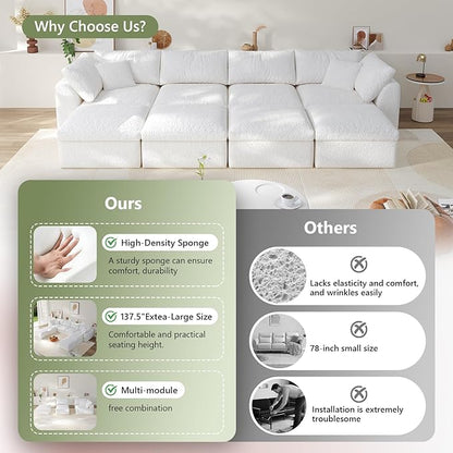 138" Boneless Cloud Couch Modular Sectional Sofa with Deep Seat for Living Room, L Shape Couch with Ottoman, Snowflake Cloth and 40D Memory Sponge，2 Throw Pillows (White, 4 Seater+4 Ottoman)