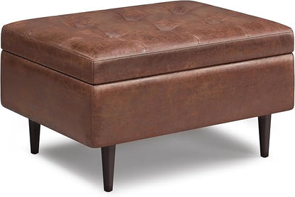 SIMPLIHOME Shay 34 inch Wide Mid Century Modern Small Rectangle Coffee Table Storage Ottoman in Distressed Saddle Brown Vegan Faux Leather, Assembled, For the Living Room, Entryway and Family Room