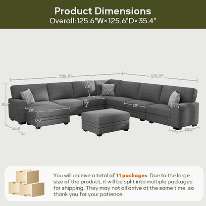 Wanderwell Oversized Modular Sectional Sofa, 9-Seater U Shaped Couches with Movable Ottoman,Corduroy Sectional Couch with Wide and Deep Seats Suitable for Living Room,Bedroom,Apartment (Grey, U-9)