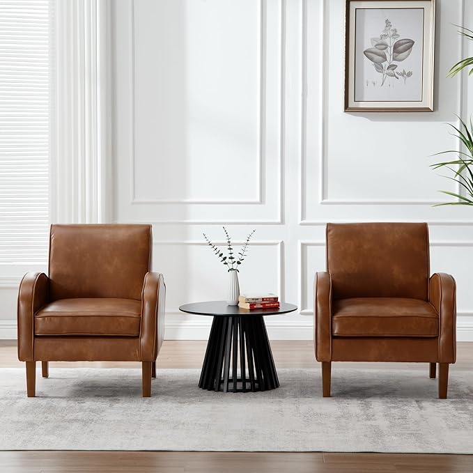 Mid Century Modern Armchair Brown Faux Leather Accent Chair with Arm Comfy Chairs Reading Chair Sofa Chair for Living Room, Rubber Wood Legs