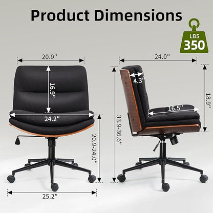 Office Chair, Criss Cross Legged Office Desk Chairs with Wheels, PU Leather Adjustable Wide Swivel Walnut Task Chair with Linen Fabric, Ergonomic Mid Back Computer Chair for Meeting Room, Home