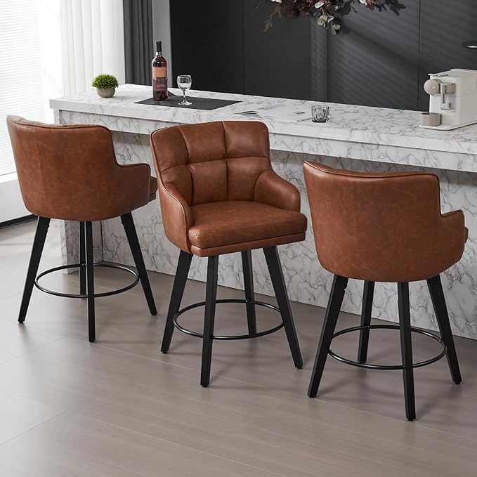 360°Swivel Counter Height Bar Stools with Back, 26 inch Solid Wood Legs, Bar Stool Modern Kitchen Island Chairs, Faux Leather (Brown- Faux Leather, 26" H- Set of 1)