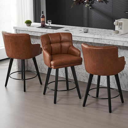 360°Swivel Counter Height Bar Stools with Back, 26 inch Solid Wood Legs, Bar Stool Modern Kitchen Island Chairs, Faux Leather (Brown- Faux Leather, 26" H- Set of 1)