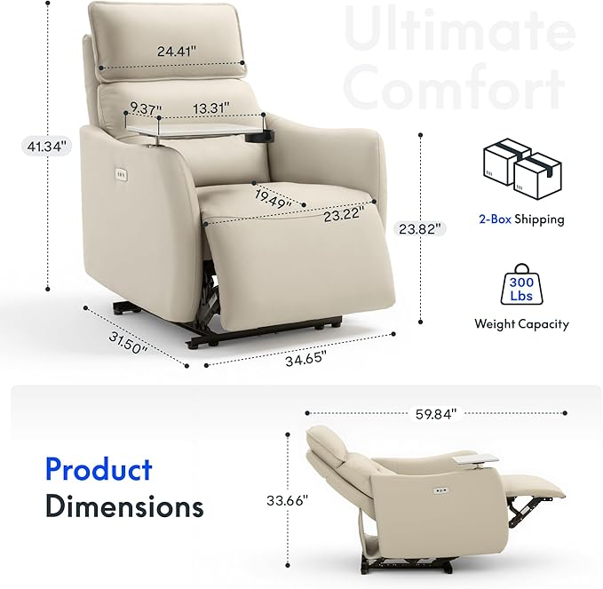 FLEXISPOT Lune Genuine Leather Power Recliner Chair with Tray Table & Adjustable Headrest, Real Leather Electric Recliner with USB & Type-C Charging Ports, Luxury Single Sofa for Living Room, Ceramic
