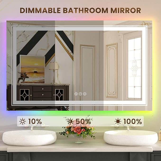 WTTY LED Bathroom Mirror 48"x40" with RGB Backlit and Front Light,Stepless Dimmable LED Mirror for Bathroom,Colored Lighted Bathroom Vanity Mirror,Anti-Fog,Memory Function,Shatter-Proof