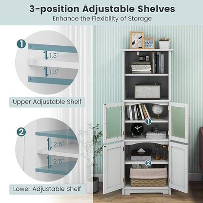 LOKO Tall Bathroom Cabinet, Modern Storage Organizer with Doors & Open Shelves, Wooden Floor Cabinet with Adjustable Shelves for Bathroom, Living Room or Kitchen (White)