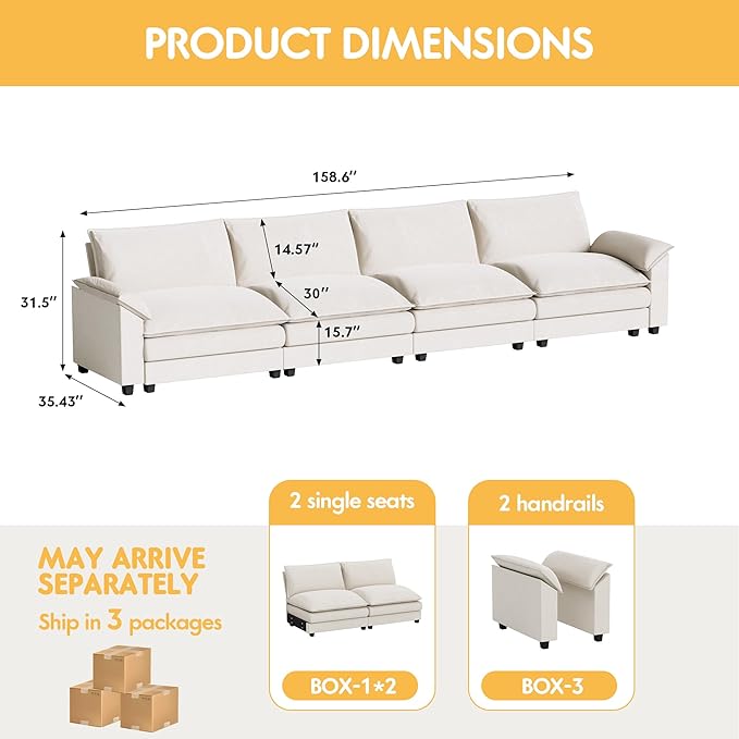 Homall 159" Modular Sectional Sofa, Linear Sofa Couch with Double-Layer Cushion, DIY Combination Chenille Deep 4-Seat Cloud Couch for Living Room, Apartment (White, Linear Sofa)