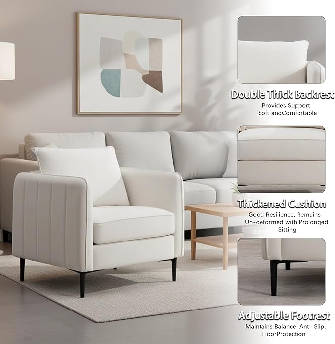 Velvet Accent Chair, Comfy Upholstered Single Sofa Chair Mid-Century Modern Armchair with Thick Cushion and Wood Frame Side Chair for Living Room Bedroom Apartment (Ivory)
