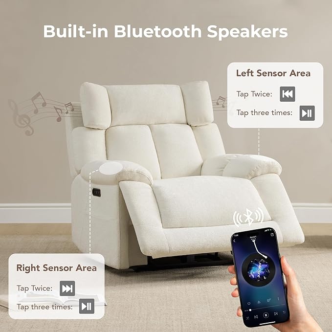 CHITA Oversized Power Recliner Chair with Bluetooth Speakers for Adults, Lay Flat Recliner with Power Lumbar Support, Manual Winged Headrest and USB & Type-C Charging Ports, Cream