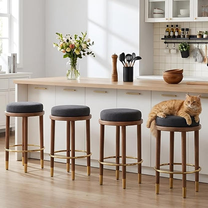 26’’ Rustic Backless Bar Stools with Hardwood Legs, Counter Height Stools Set of 4, Round Kitchen Barstools for Kitchen Island, Farmhouse Charcoal Linen Upholstered Wooden Stools with Footrest